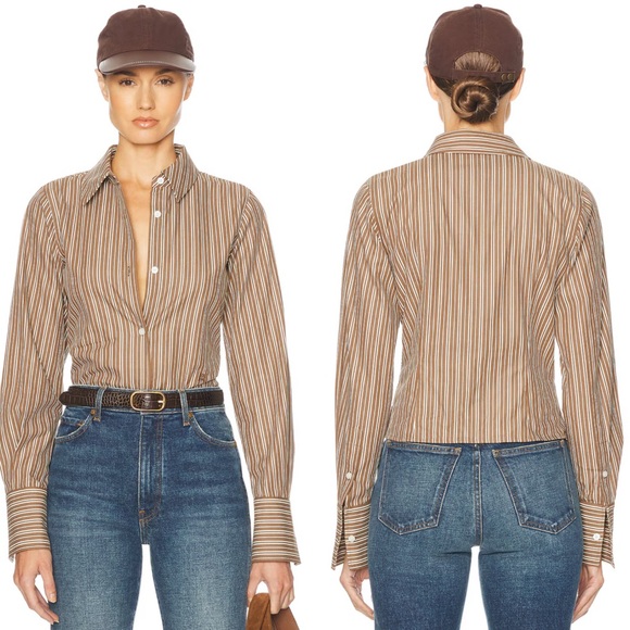 Helsa Pinstripe Poplin Fitted Shirt in Brown & Cream Stripe Size Small - Picture 2 of 9